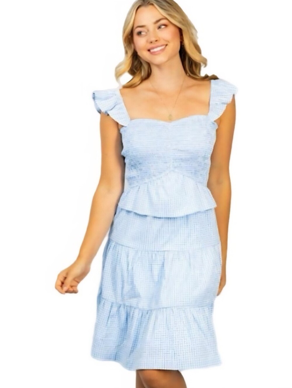 White Birch Light Blue Gingham Smocked Tiered Dress Size 1X Flutter Sleeve Lined
